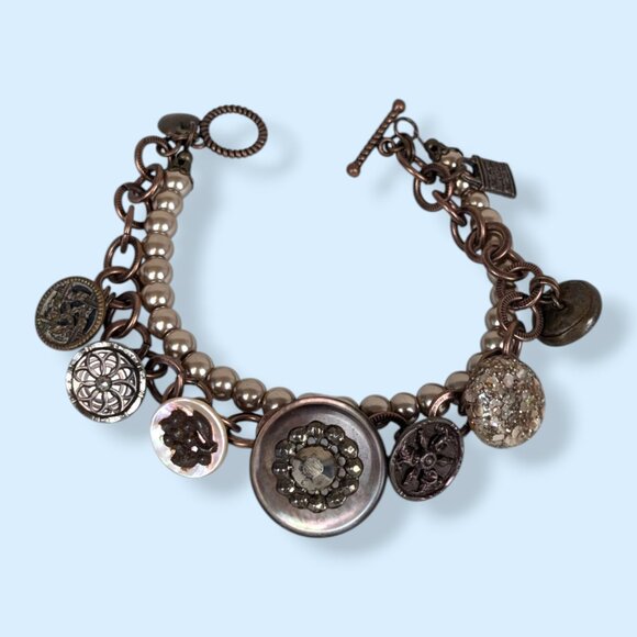 V. 2-Strand Faux Pearl & Dangling Button Charm Bracelet - Picture 4 of 5